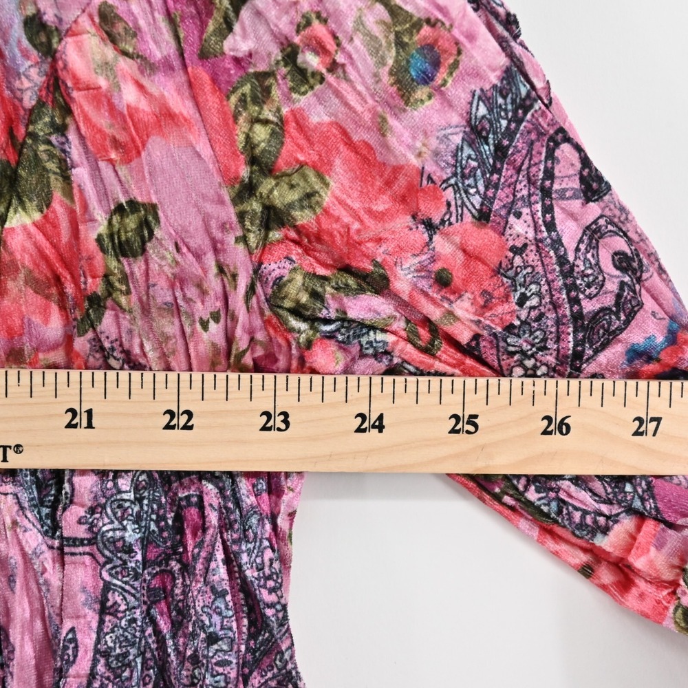 Vtg FANTAZIA Womens Velvet Jacket Size M Pink Floral Paisley Crinkle Ruffle Y2k - Picture 3 of 11